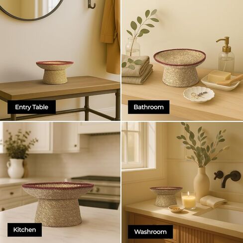 وعاء لاجينا المزخرف - وعاء مزخرف مصنوع يدويًا من عشب القمر - وعاء مفاتيح من الألياف الطبيعية، سلة فواكه، تخزين للمدخل، المطبخ وديكور المنزل البوهيمي - زخرفة كستنائية 7 بوصة in Kuwait