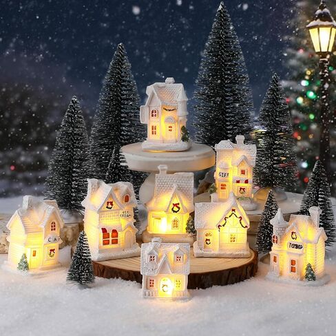 Vinsot 26 Pcs Resin Christmas Miniature Village Sets Light up, Christmas Snow Scene Town, 8 LED Houses Figurines, and 10 Pine Trees, Xmas Table Decor for Winter Building Ornaments in Saudi Arabia