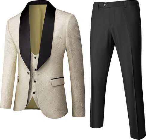UNINUKOO Mens Floral Suits 3 Piece Tuxedo Suit Slim Fit Jacquard Tux Suit Set Shawl Lapel for Wedding Prom Suit in Saudi Arabia