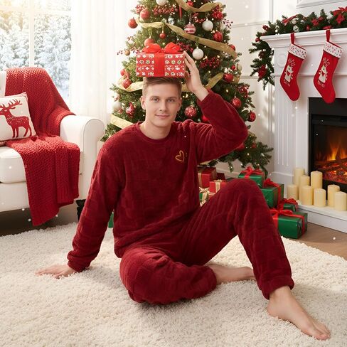Mens Fluffy Pajamas Set Coral Fleece Pajamas Set 3D Checkered Winter Warm Loungewear Sleepwear in Saudi Arabia