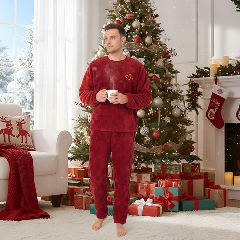 Mens Fluffy Pajamas Set Coral Fleece Pajamas Set 3D Checkered Winter Warm Loungewear Sleepwear in Saudi Arabia