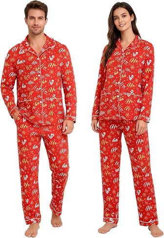 Matching Christmas Pajamas for Couples Long Sleeve Button Down PJ Set Soft Holiday Lounge Sleepwear for Women Men in Saudi Arabia