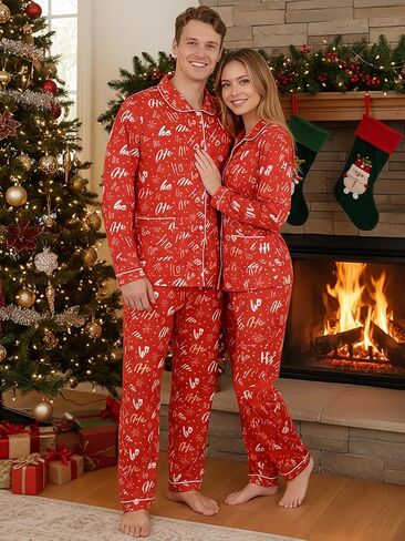 Matching Christmas Pajamas for Couples Long Sleeve Button Down PJ Set Soft Holiday Lounge Sleepwear for Women Men in Saudi Arabia