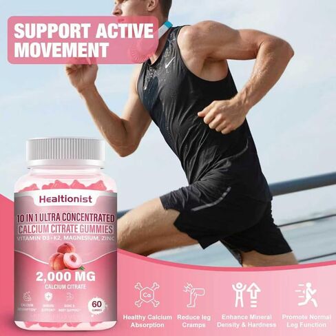 عبوتان من سترات الكالسيوم 2000 مجم مع مكملات فيتامين د3 ك2 للنساء والرجال، المغنيسيوم والزنك، عالية الامتصاص، دعم العظام والعضلات والمناعة، 120 قطعة علكة بنكهة الخوخ in Kuwait