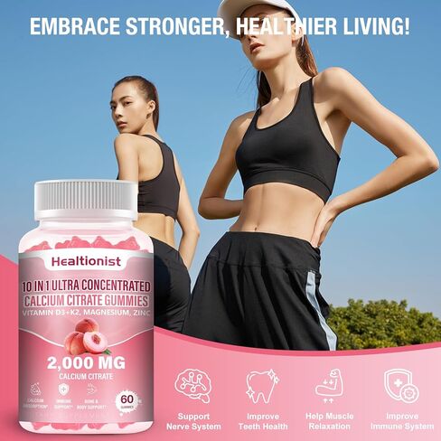 عبوتان من سترات الكالسيوم 2000 مجم مع مكملات فيتامين د3 ك2 للنساء والرجال، المغنيسيوم والزنك، عالية الامتصاص، دعم العظام والعضلات والمناعة، 120 قطعة علكة بنكهة الخوخ in Kuwait