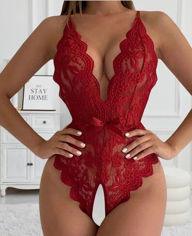 Women's Floral Lace Scalloped Trim Criss Cross Back Lingerie Teddy Bodysuit in Saudi Arabia