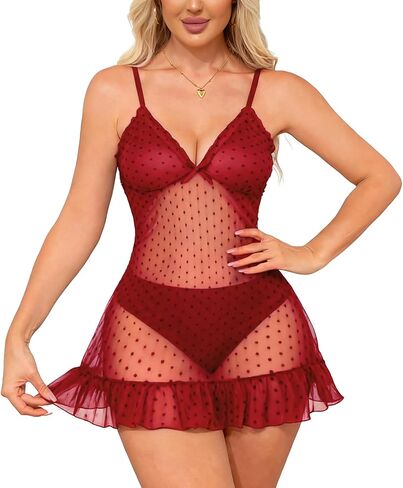 Women's Sexy Mesh Sheer Lingerie Babydoll Dress Chemise Sleepwear Polka Dots Print Nightgown with Thong in Saudi Arabia