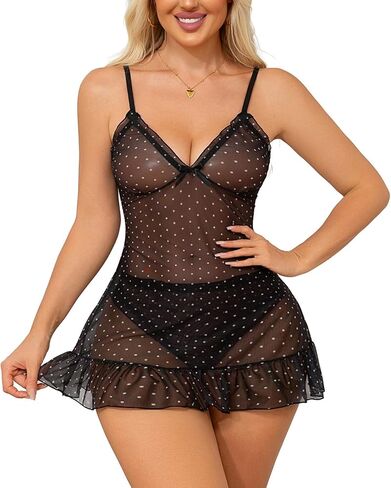 Women's Sexy Mesh Sheer Lingerie Babydoll Dress Chemise Sleepwear Polka Dots Print Nightgown with Thong in Saudi Arabia