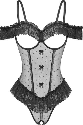 Avidlove Lingerie for Women V Neck One Piece Bodysuit Lace Ruffle Babydoll Off Shoulder Rave Outfits in Saudi Arabia