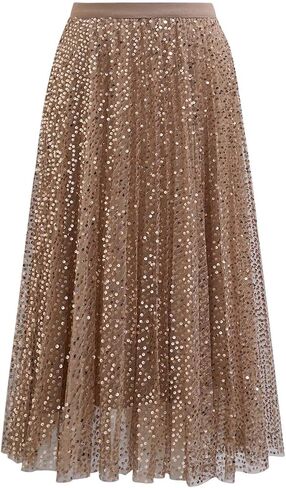 CHICWISH Women Gilded Glow Sequin Embellished Print Tulle Tutu Skirt A-line Elastic Waist Mesh Double-Layered Midi Skirt in Saudi Arabia