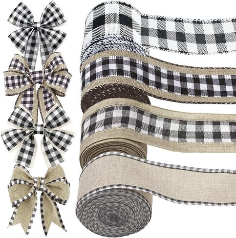 4 Rolls Winter Burlap Checked Ribbon Wire Border Christmas Holiday DIY Present Butterfly Floral Craft Decor 1.5 Inches Wide 13.2 Yard (Natural) in Saudi Arabia