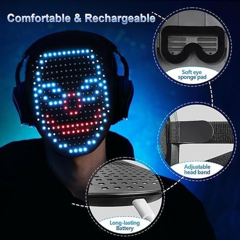 أقنعة LED متعددة قابلة للتغيير تستشعر الإيماءات تضيء الأقنعة المتغيرة للوجه لحفلات الهالوين وعيد الميلاد التنكرية، قناع الهالوين in Saudi Arabia