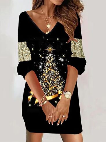 Women's Christmas Dress Costume Christmas Tree V Neck Long-Sleeve Pullover Dresses in Saudi Arabia