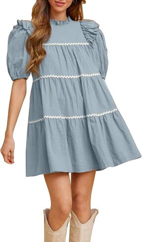 Women's Babydoll Dress Puff Sleeve Dress Pleated Ruffle Hem Mini Dresses Going Out Dresses in Saudi Arabia