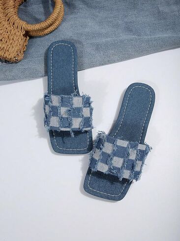 Women's Plaid Square Toe Denim Flat Sandals Raw Trim Jean Sandals Fashion Pattern Slide Sandals in Saudi Arabia