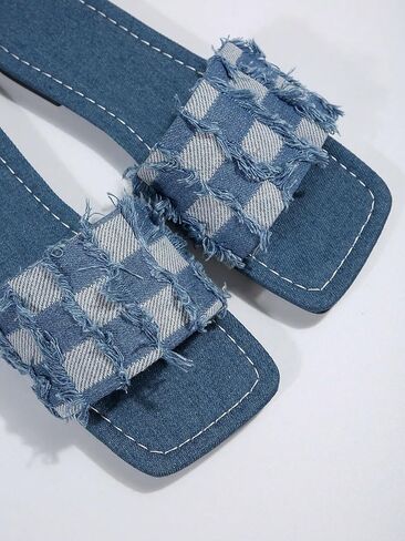 Women's Plaid Square Toe Denim Flat Sandals Raw Trim Jean Sandals Fashion Pattern Slide Sandals in Saudi Arabia