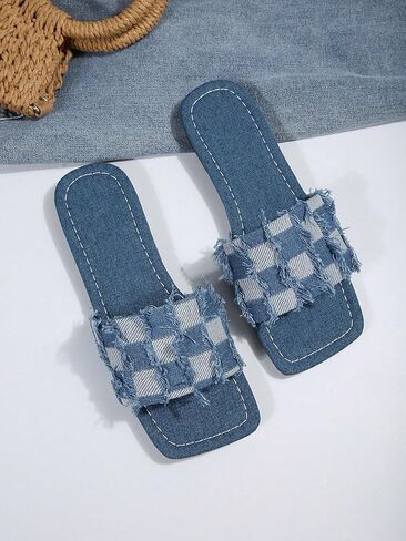 Women's Plaid Square Toe Denim Flat Sandals Raw Trim Jean Sandals Fashion Pattern Slide Sandals in Saudi Arabia