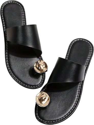 Oyoangle Women's Metal Toe Ring Slide Slide Open Open Toe Summer Summer Slip on Slip على صندل مسطح in Saudi Arabia