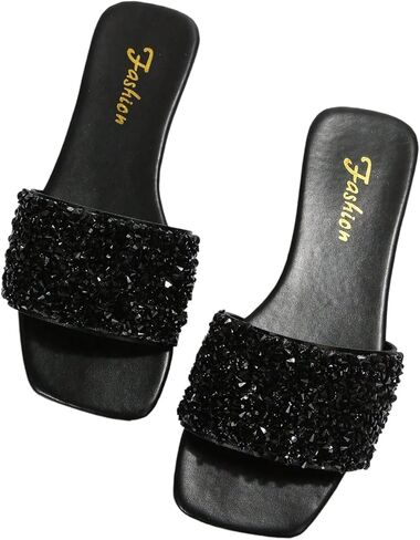 OYOANGLE Women's Rhinestone Sparkly Leather Slide Sandals Square Open Toe Fancy Bling Flat Sandal in Saudi Arabia