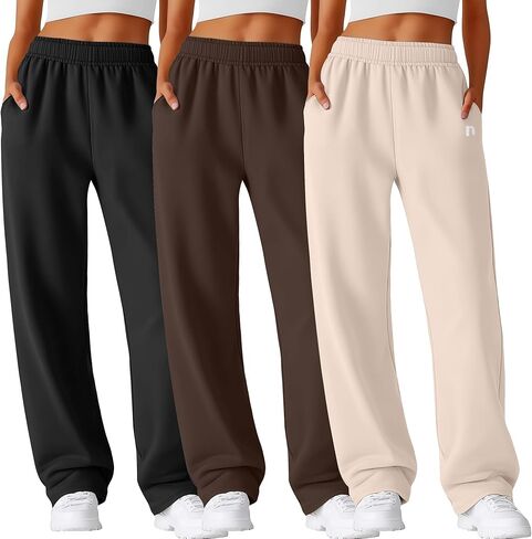 Neer 3 Pack Womens Wide Leg Sweatpants Lounge Athletic Joggers Elastic Waist Baggy Straight Leg Long Pants with Pockets in Saudi Arabia