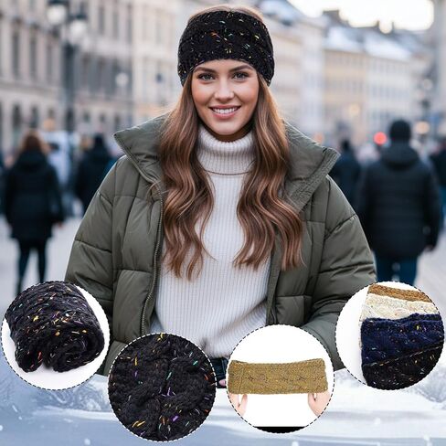 HOVEOX 4 Pack Women Winter Headbands Ear Warmer Headband Fuzzy Fleece Lined Women Warm Knitted Headband (black, beige, blue, brown) in Saudi Arabia