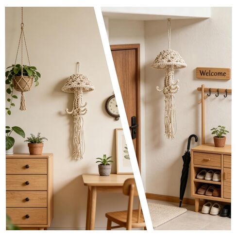 معلقة على الحائط من Macramé، ديكور قنديل البحر المنسوج بالحبل، صائدات الأحلام، لمسات ديكور جدارية مبتكرة (أبيض) in Kuwait