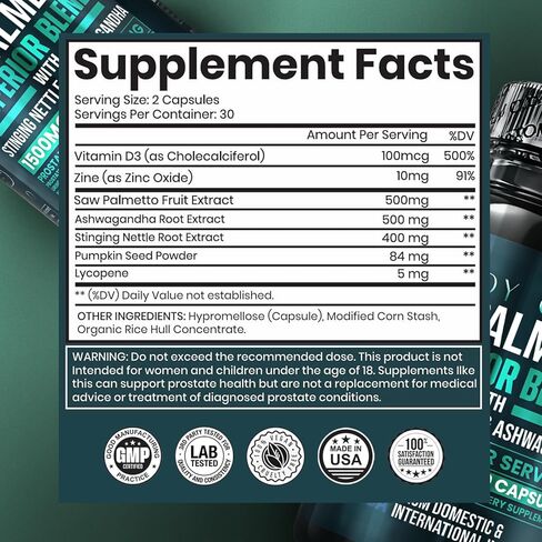 Saw Palmetto للرجال - صحة البروستاتا ودعم المسالك البولية - نبات القراص اللاذع والأشواغاندا والليكوبين - يدعم تدفق المثانة الصحي ووظيفة البروستاتا - 60 كبسولة in Kuwait