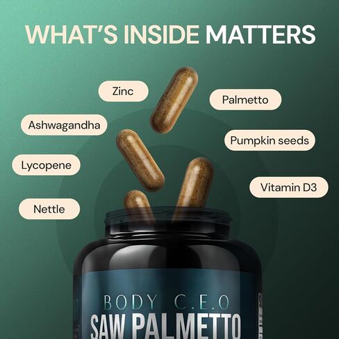 Saw Palmetto للرجال - صحة البروستاتا ودعم المسالك البولية - نبات القراص اللاذع والأشواغاندا والليكوبين - يدعم تدفق المثانة الصحي ووظيفة البروستاتا - 60 كبسولة in Kuwait