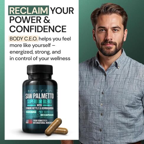 Saw Palmetto للرجال - صحة البروستاتا ودعم المسالك البولية - نبات القراص اللاذع والأشواغاندا والليكوبين - يدعم تدفق المثانة الصحي ووظيفة البروستاتا - 60 كبسولة in Kuwait