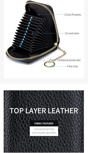 Stylish Genuine Leather Wallet Women's wiht 12 Card Slots, 2 Cash Pockets, Coin Purse & Key Ring（Black） in Saudi Arabia
