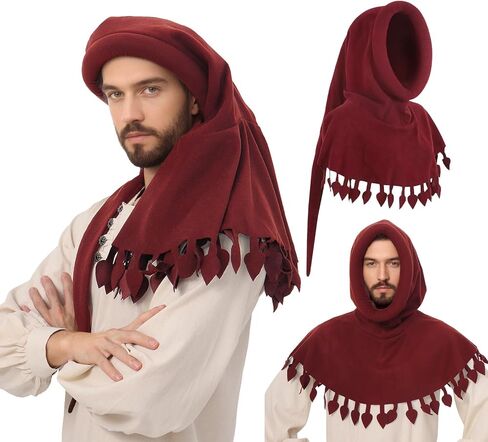 قبعة مرافقة للرجال قبعة Liripipe ذات غطاء محرك السيارة من القرون الوسطى مع حافة ملفوفة من عصر النهضة Ren Faire Festival LARP in Kuwait