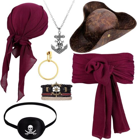 7 Pcs Pirate Hat Accessories Set for Women Men Tricorn Pirate Hat Bandana Belt Eye Mask Bracelet Necklace Earrings in Saudi Arabia