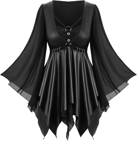 ROSE GAL Plus Size Women Gothic Halloween Costume Coated Handkerchief Hem Chiffon Bell Sleeve Goth Swing Top in Saudi Arabia