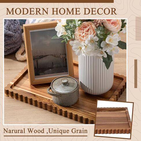Lounsweer Acacia Wood Decorative Tray for Home Decor, 14'' x 10'' Wooden Serving Tray for Coffee Table Centerpiece Dining Kitchen Island Decoration Bathroom Counter Display in Saudi Arabia