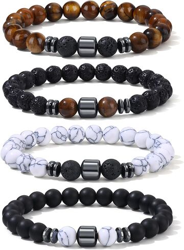 جيوفانشي 4-12 قطعة أساور للرجال، 8 مم أساور رجالي لافا روك أسود سبج هاوليت عين النمر مطرز بالحجر الطبيعي سوار مجوهرات هدايا لعيد الميلاد وعيد الميلاد in Kuwait