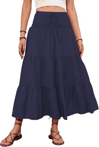 Womens Causal Flowy Skirt Summer Midi Skirts Boho Midi Skirt Flared A-Line Midi Skirts Solid DJ246-1 in Saudi Arabia