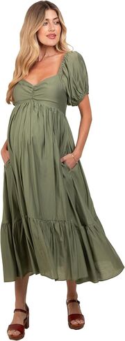 PinkBlush Olive Ruched Sweetheart Neck Tiered Maternity Midi Dress in Saudi Arabia