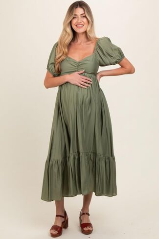PinkBlush Olive Ruched Sweetheart Neck Tiered Maternity Midi Dress in Saudi Arabia