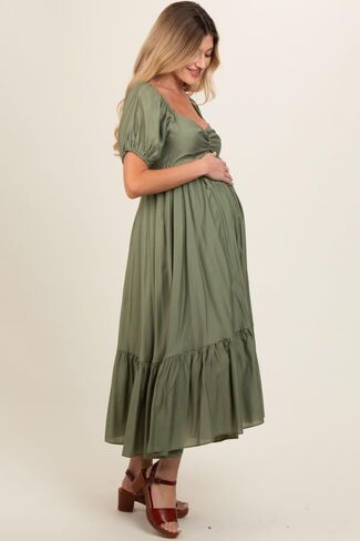 PinkBlush Olive Ruched Sweetheart Neck Tiered Maternity Midi Dress in Saudi Arabia