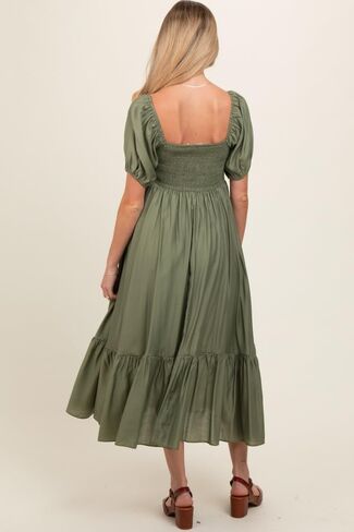 PinkBlush Olive Ruched Sweetheart Neck Tiered Maternity Midi Dress in Saudi Arabia