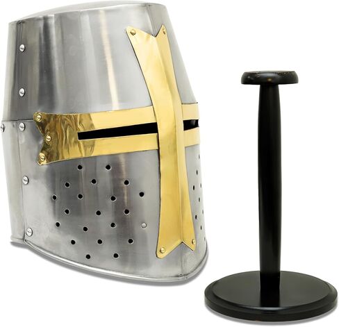 Brass and Steel Crusader Helmet | Medieval Metal Knight Helmets | Full-Size Knight Armor Replica with Cross Detail – LARP, Costume, and Display | Halloween Decor Gift | Medieval Costumes in Saudi Arabia