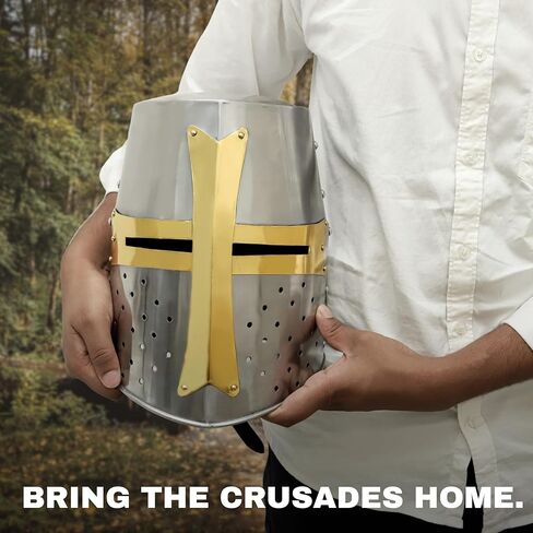 Brass and Steel Crusader Helmet | Medieval Metal Knight Helmets | Full-Size Knight Armor Replica with Cross Detail – LARP, Costume, and Display | Halloween Decor Gift | Medieval Costumes in Saudi Arabia