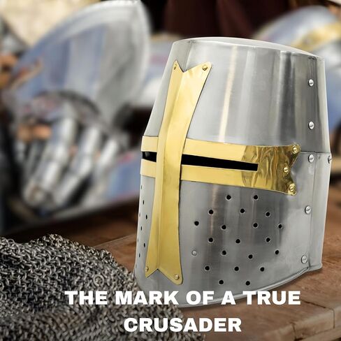Brass and Steel Crusader Helmet | Medieval Metal Knight Helmets | Full-Size Knight Armor Replica with Cross Detail – LARP, Costume, and Display | Halloween Decor Gift | Medieval Costumes in Saudi Arabia