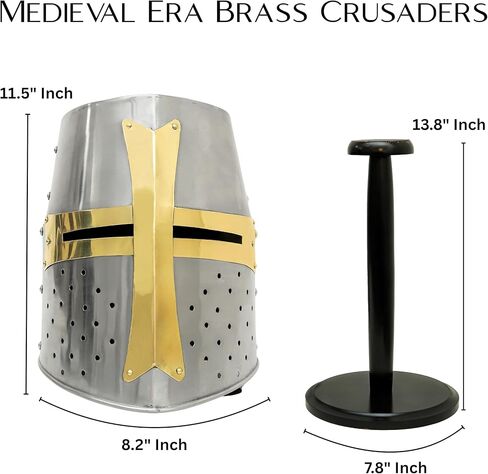 Brass and Steel Crusader Helmet | Medieval Metal Knight Helmets | Full-Size Knight Armor Replica with Cross Detail – LARP, Costume, and Display | Halloween Decor Gift | Medieval Costumes in Saudi Arabia