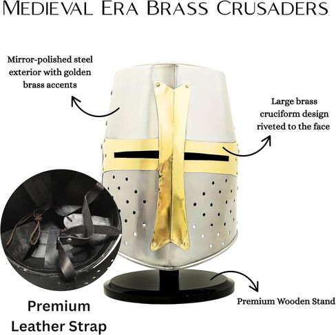 Brass and Steel Crusader Helmet | Medieval Metal Knight Helmets | Full-Size Knight Armor Replica with Cross Detail – LARP, Costume, and Display | Halloween Decor Gift | Medieval Costumes in Saudi Arabia
