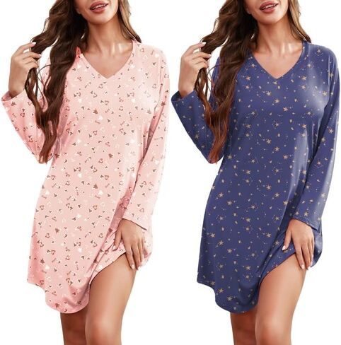 Marvmys 2 Pack Nightgowns for Women Long Sleeve Night Shirts Sleepwear V Neck Night Gown for Adult Women S-3XL in Kuwait