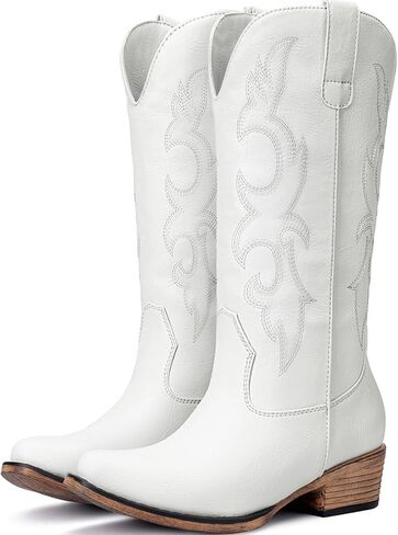 أحذية رعاة البقر للنساء - أحذية راعية البقر مطرزة غربية متوسطة الساق بكعب مكتنز ومقدمة مدببة أحذية ريفية in Kuwait