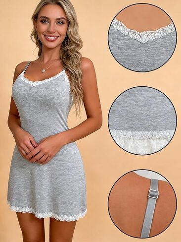 Women's Lace Trim Sleep Dress - Soft Breathable Nightgown with Dual Side Slits，Adjustable wide shoulder strap in Saudi Arabia
