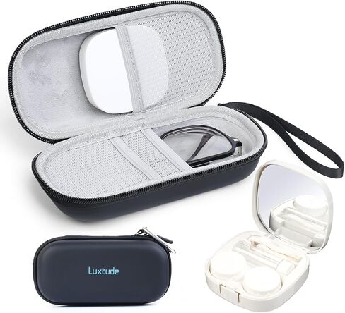 Luxtude Contact Lens Case, Cute Glasses and Contact Case 2 in 1, Built-in Mirror & Tweezers & Contact Lens Solution Bottle, Double Layer Hard Carrying Case for Well Protection, Black in Kuwait