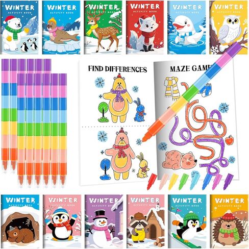 BenLouis Christmas Mini Coloring Activity Books Kids with Stacking Crayons Christmas Party Favors Bulk for Students Holiday Classroom School Gift Prizes Goodie Bags Stuffer （24set Activity ） in Saudi Arabia